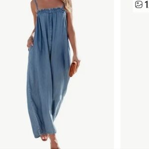Blue Denim Strapless Wide-Leg Jumpsuit (L) NEW